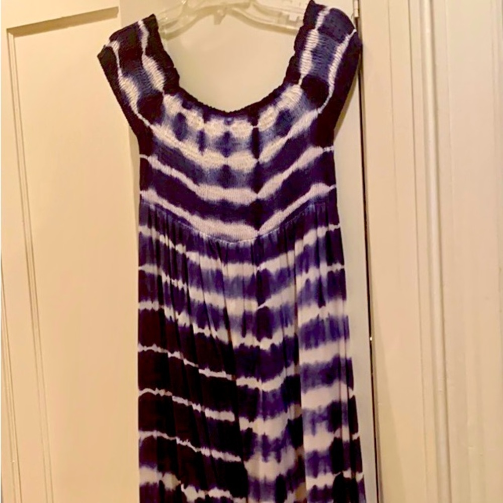 Maxi-dress/Cover-up- Batik fabric in navy blue and white.  Puckered bodice